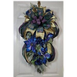 Blue Joy Poinsettia and Hydrangea with Mixed Pines Swag, Holiday Swag